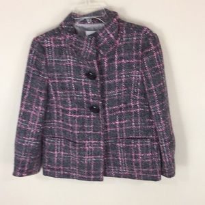 Patty Kim Gray and Pink Plaid Wool, Alpaca, Mohair Blend Blazer Jacket S